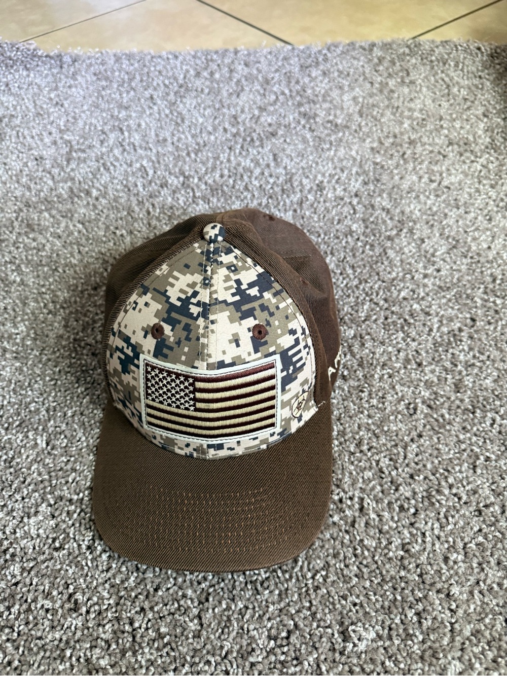 Ariat Brown and Tan Digital Camo Hat with American Flag Patch